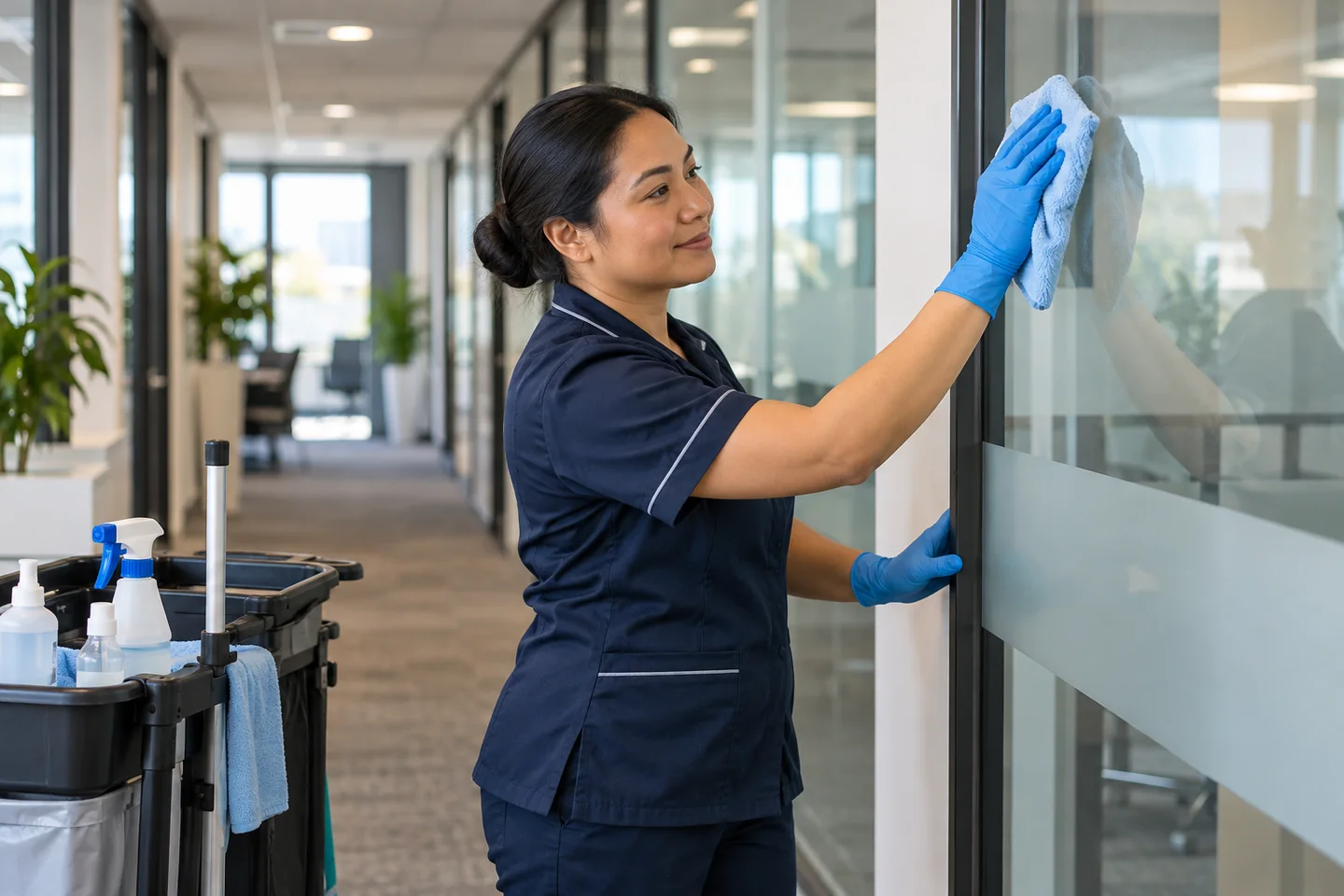 AI-generated illustration of a Filipino cleaner wiping a glass partition in a workplace