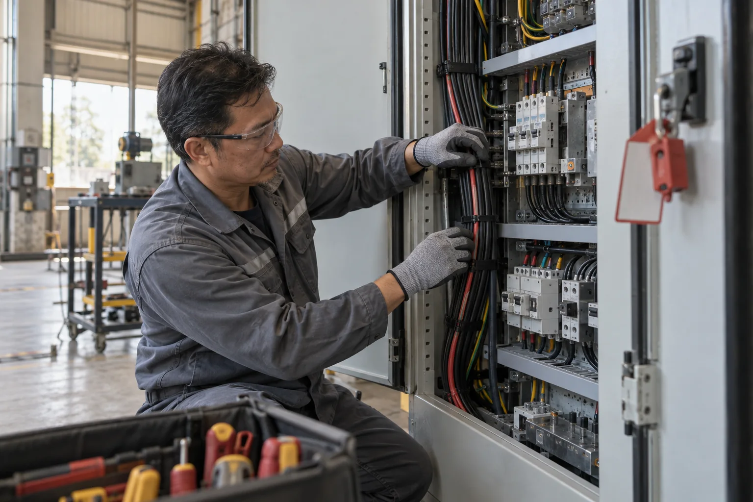 AI-generated illustration of electrical installer work; not a photograph of a confirmed employer or workplace