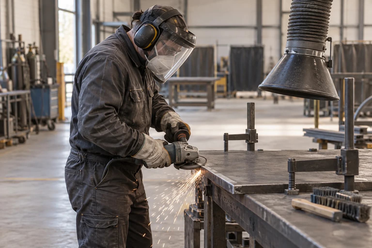 AI-generated illustration of grinder and cleaner work; not a photograph of a confirmed employer or workplace