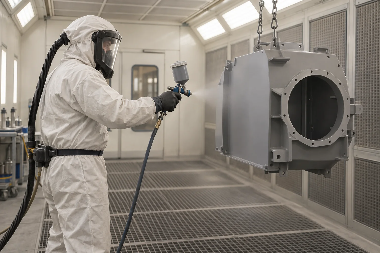 AI-generated illustration of industrial spray painter work; not a photograph of a confirmed employer or workplace