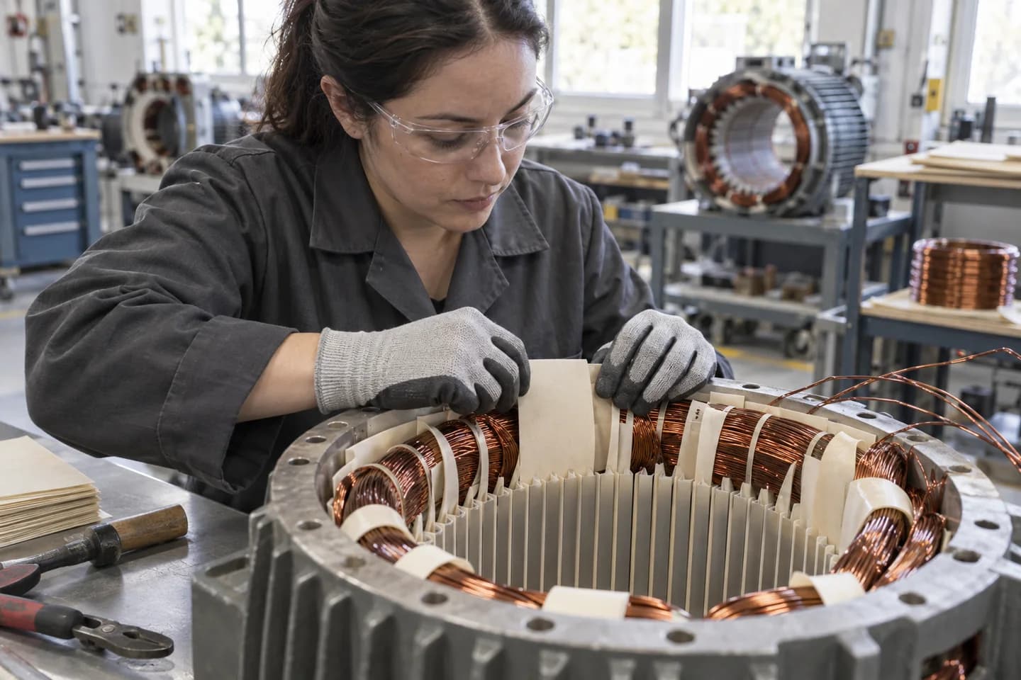 AI-generated illustration of m/g winding insulator work; not a photograph of a confirmed employer or workplace