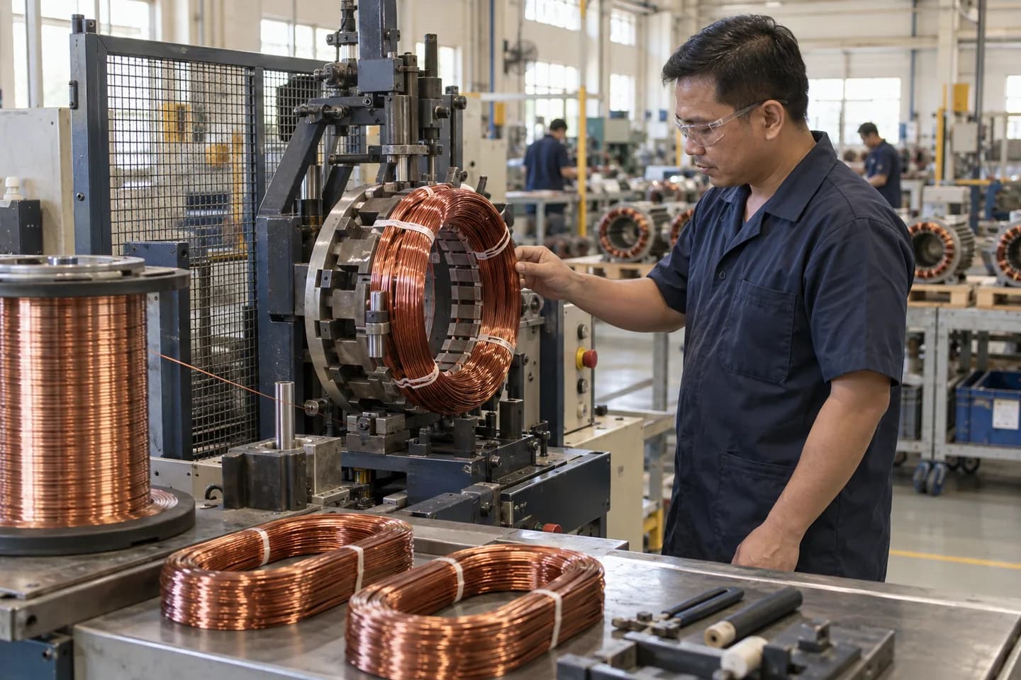 AI-generated illustration of m/g winding production worker work; not a photograph of a confirmed employer or workplace