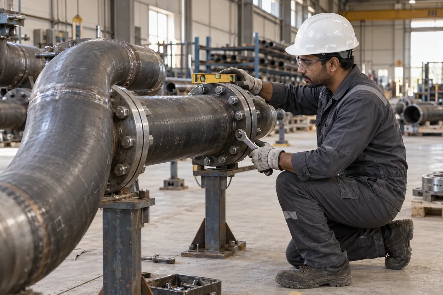 AI-generated illustration of pipe fitter work; not a photograph of a confirmed employer or workplace