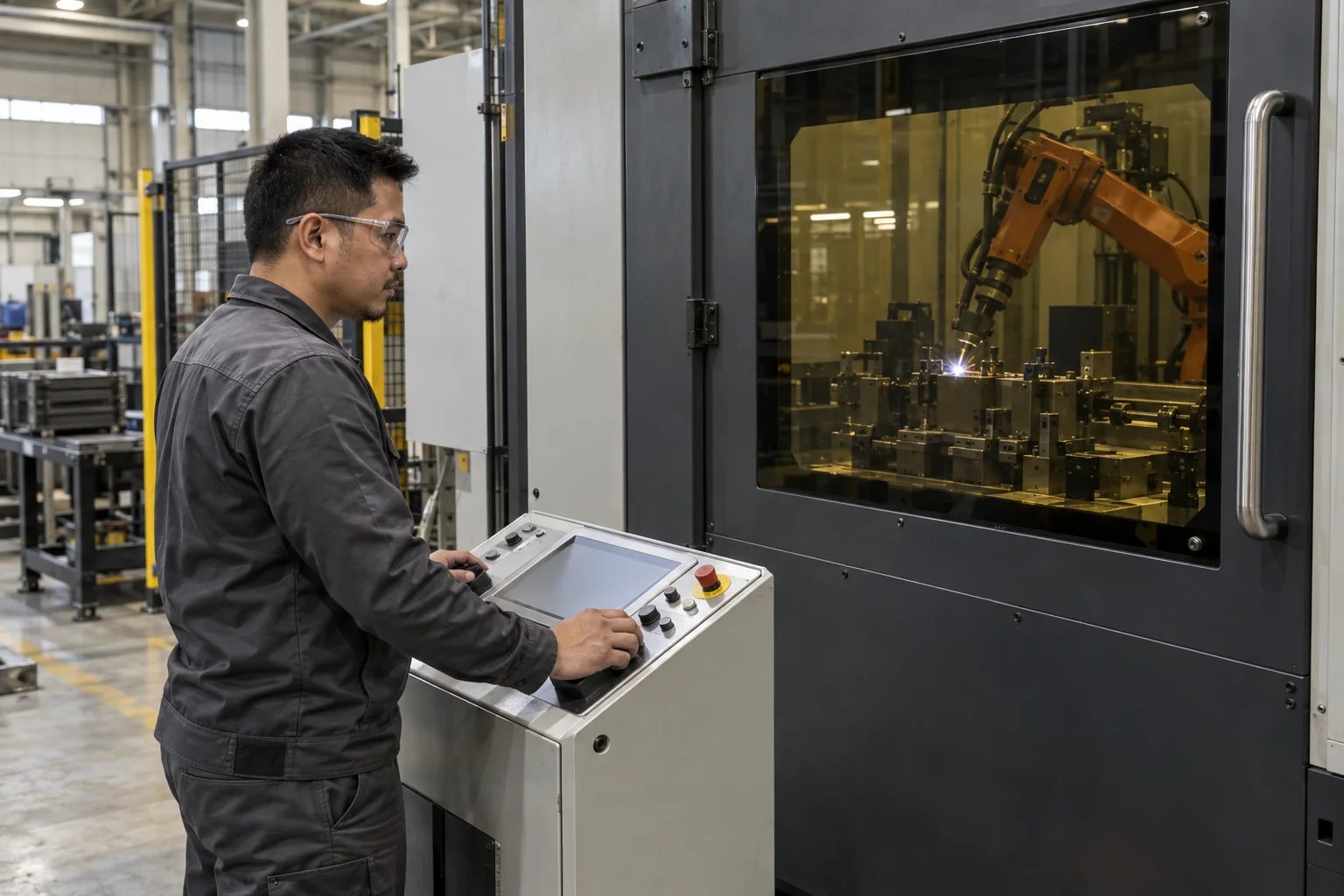 AI-generated illustration of robotic welding machine operator work; not a photograph of a confirmed employer or workplace