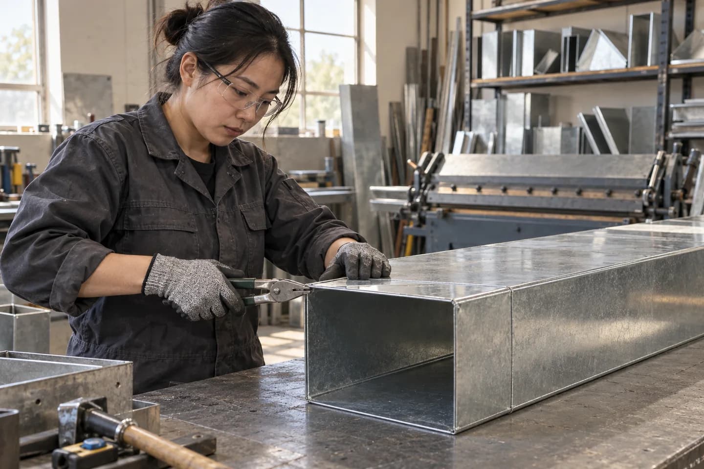 AI-generated illustration of sheet metal / tinsmith processor work; not a photograph of a confirmed employer or workplace