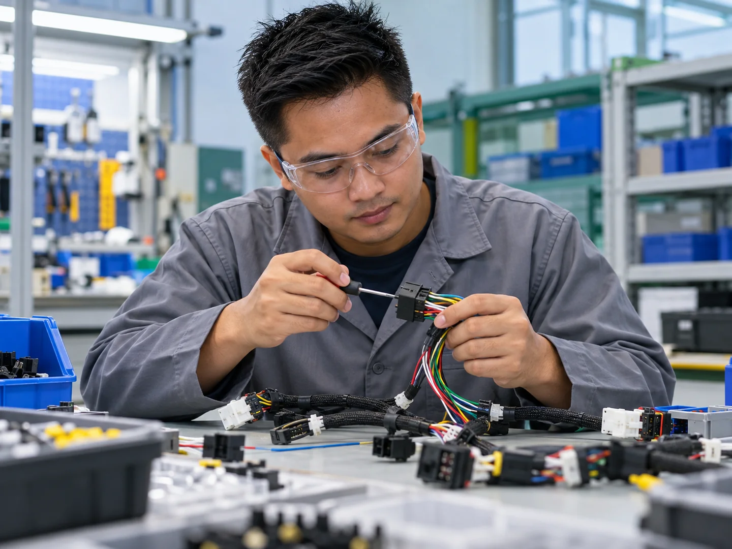 AI-generated illustration of a male Filipino worker performing electrical assembler work