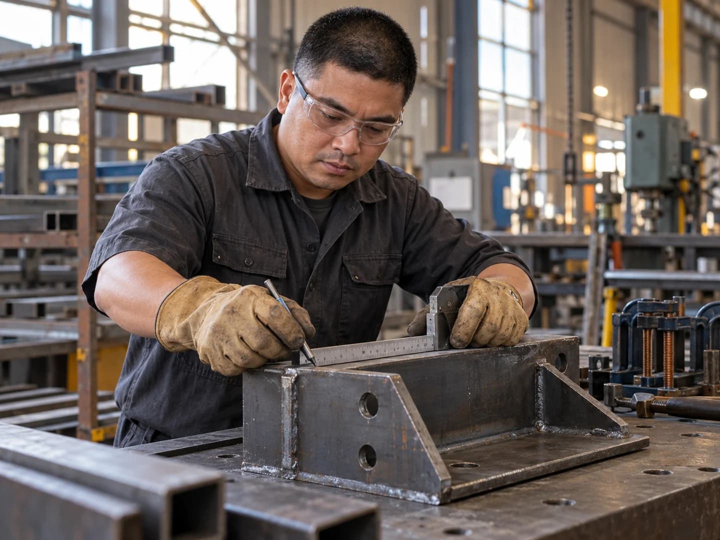 AI-generated illustration of a male Filipino worker performing fabricator work