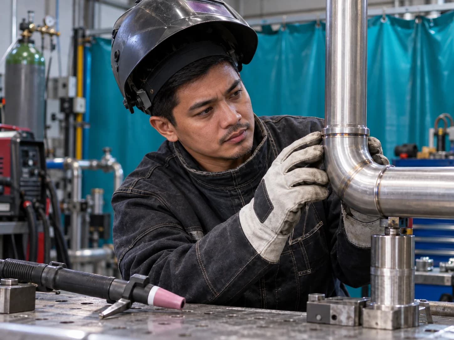 AI-generated illustration of a male Filipino worker performing tig / rel welder work